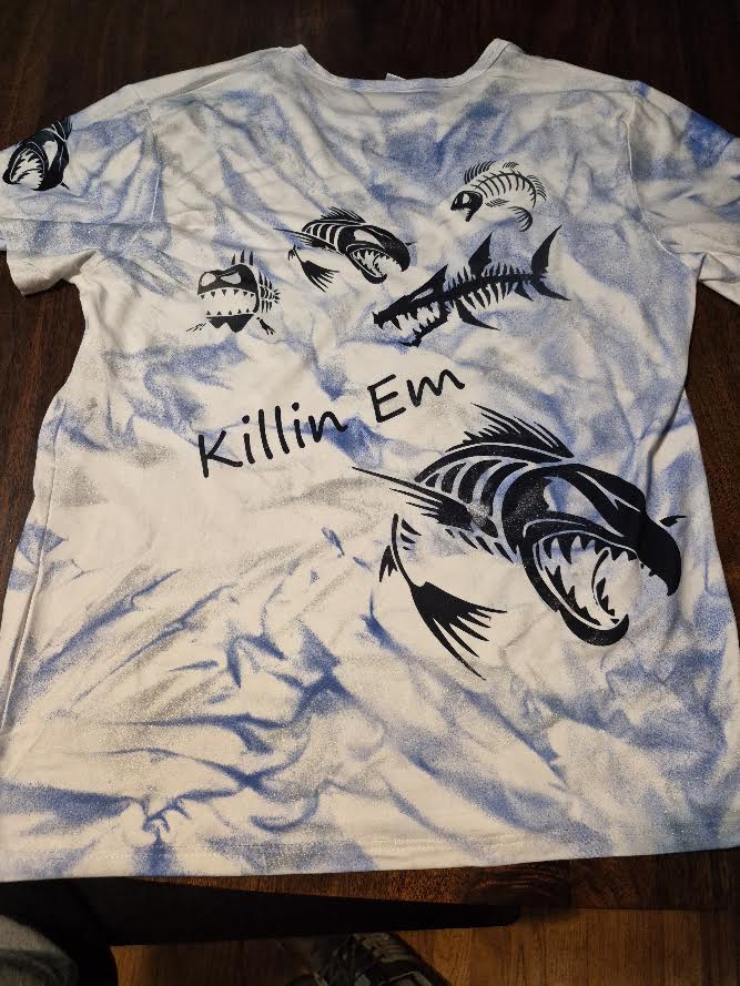 White Men's Dry Fit  Fishing T Shirt with "Killin Em" and Fish Bones to Prove it Men's Large Blue and Silver Tie Dye