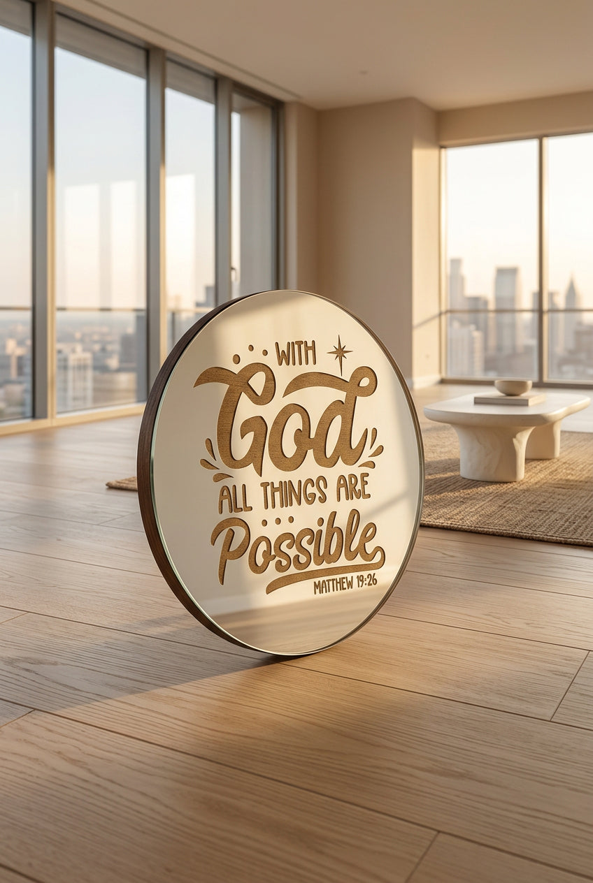 6 in round mirror "With God All Things are Possible Matthew 19:2"