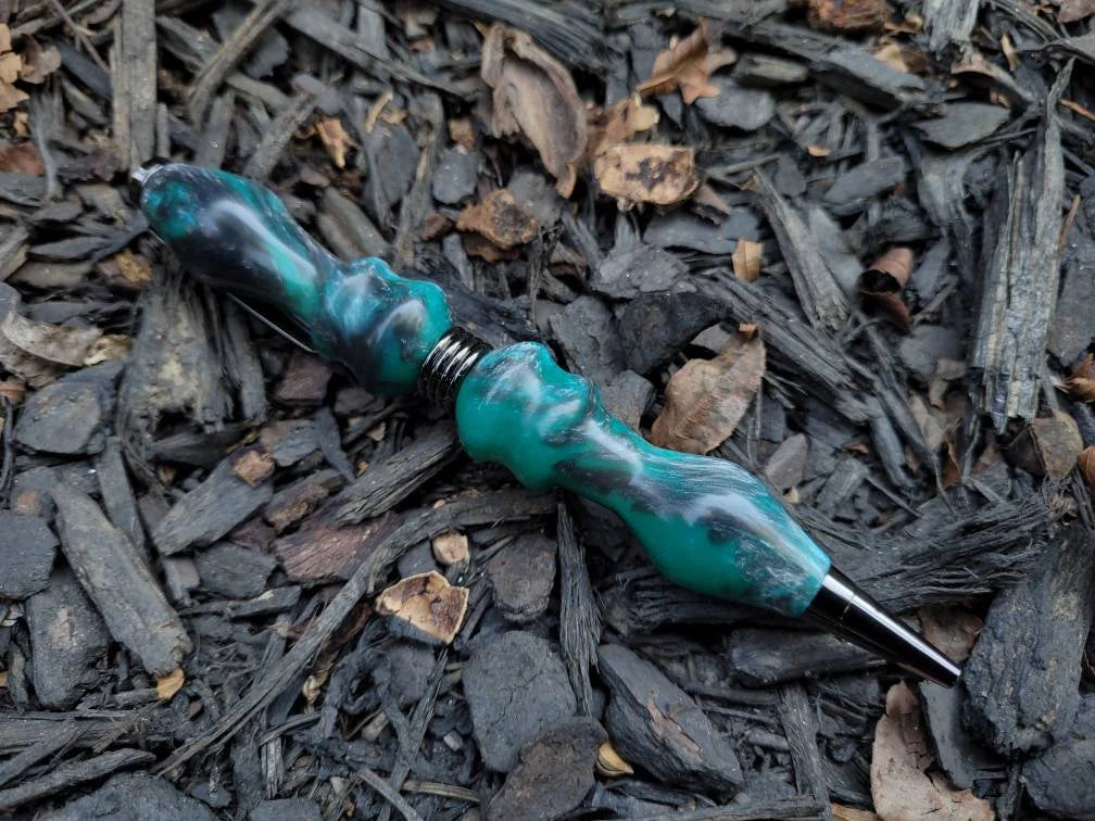 Smoke and Greenish Blue  Epoxy Resin Twist Pen with an Hint of Silver Chatoyancy.