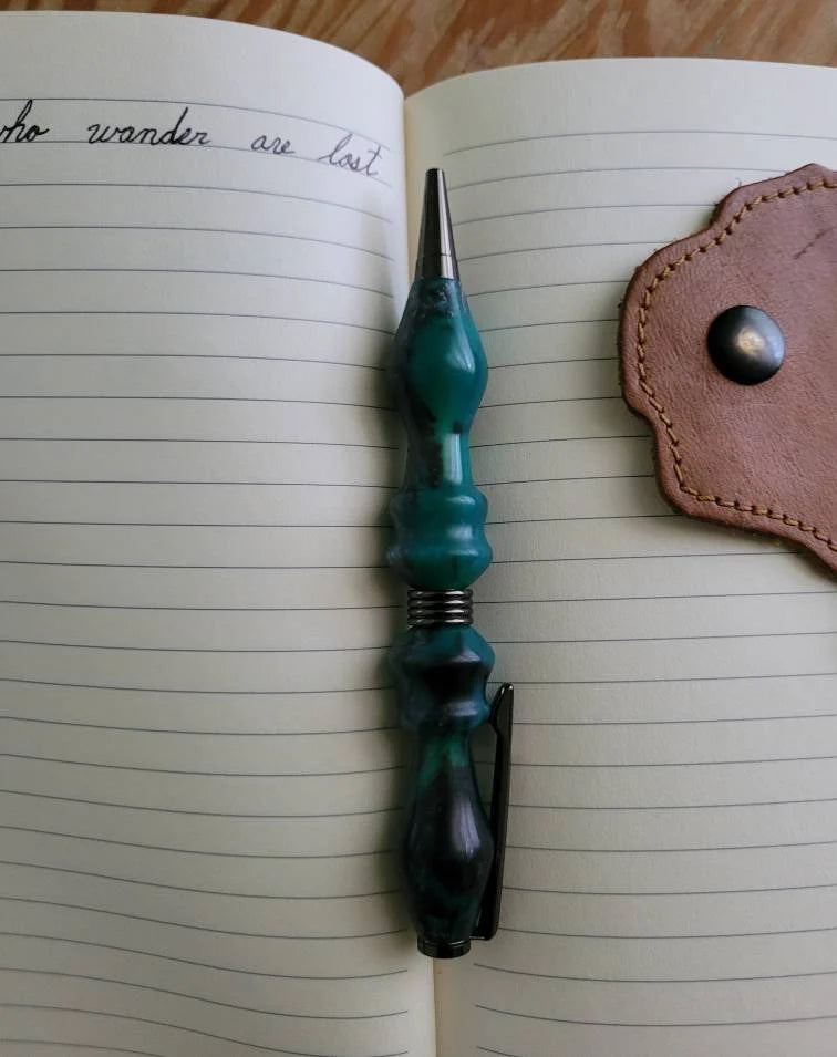 Smoke and Greenish Blue  Epoxy Resin Twist Pen with an Hint of Silver Chatoyancy.