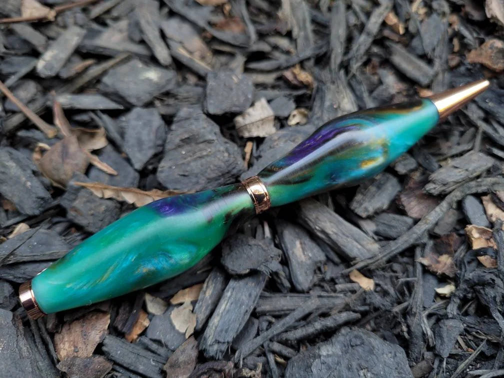 Multi Colored Resin Epoxy Twist Pen Purple, Green. Turquoise, Gold, Brown with  Chatoyancy