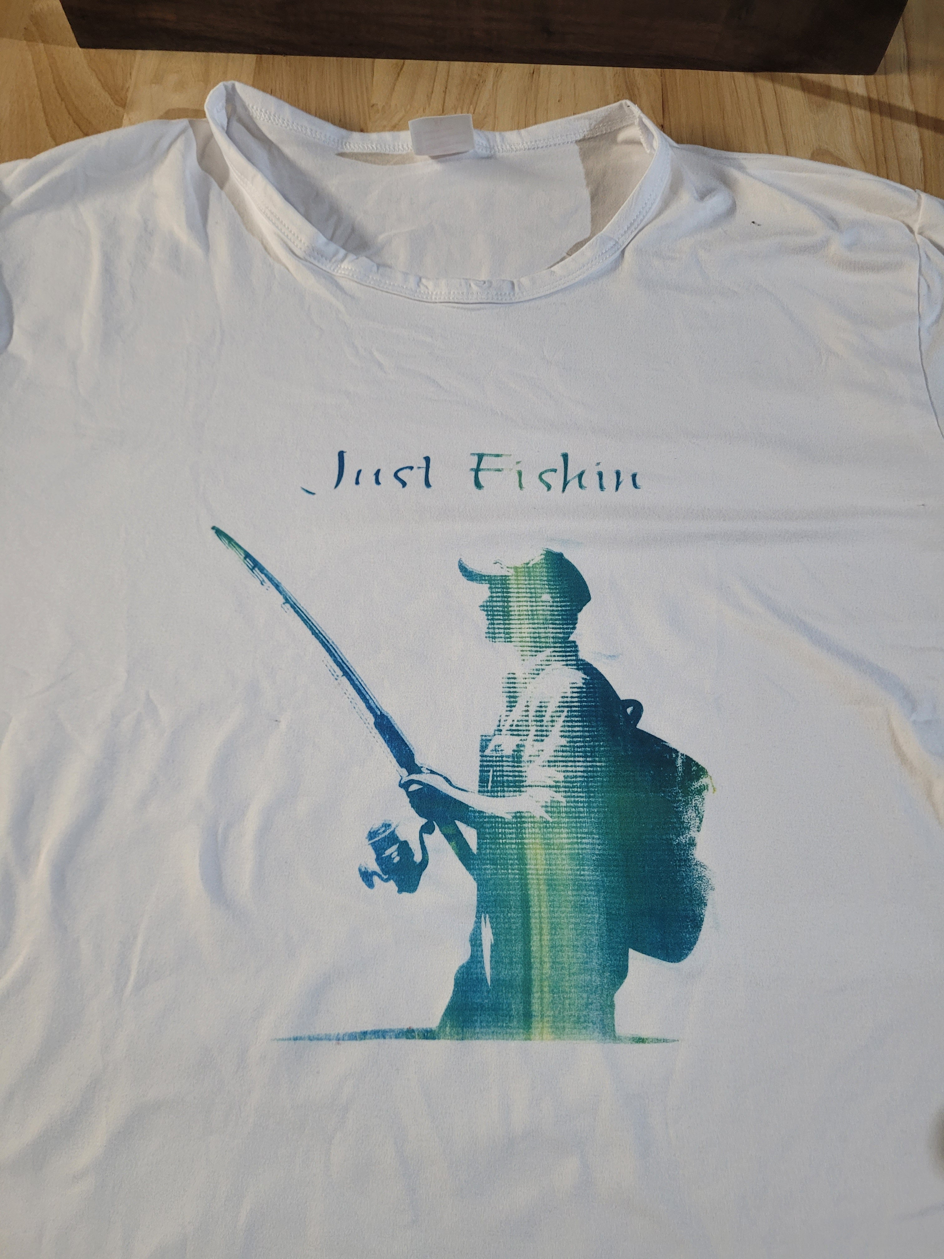 Mens Dry Fit T Shirt with "Just Fishin"  Fishermens Silhouette Screen Print
