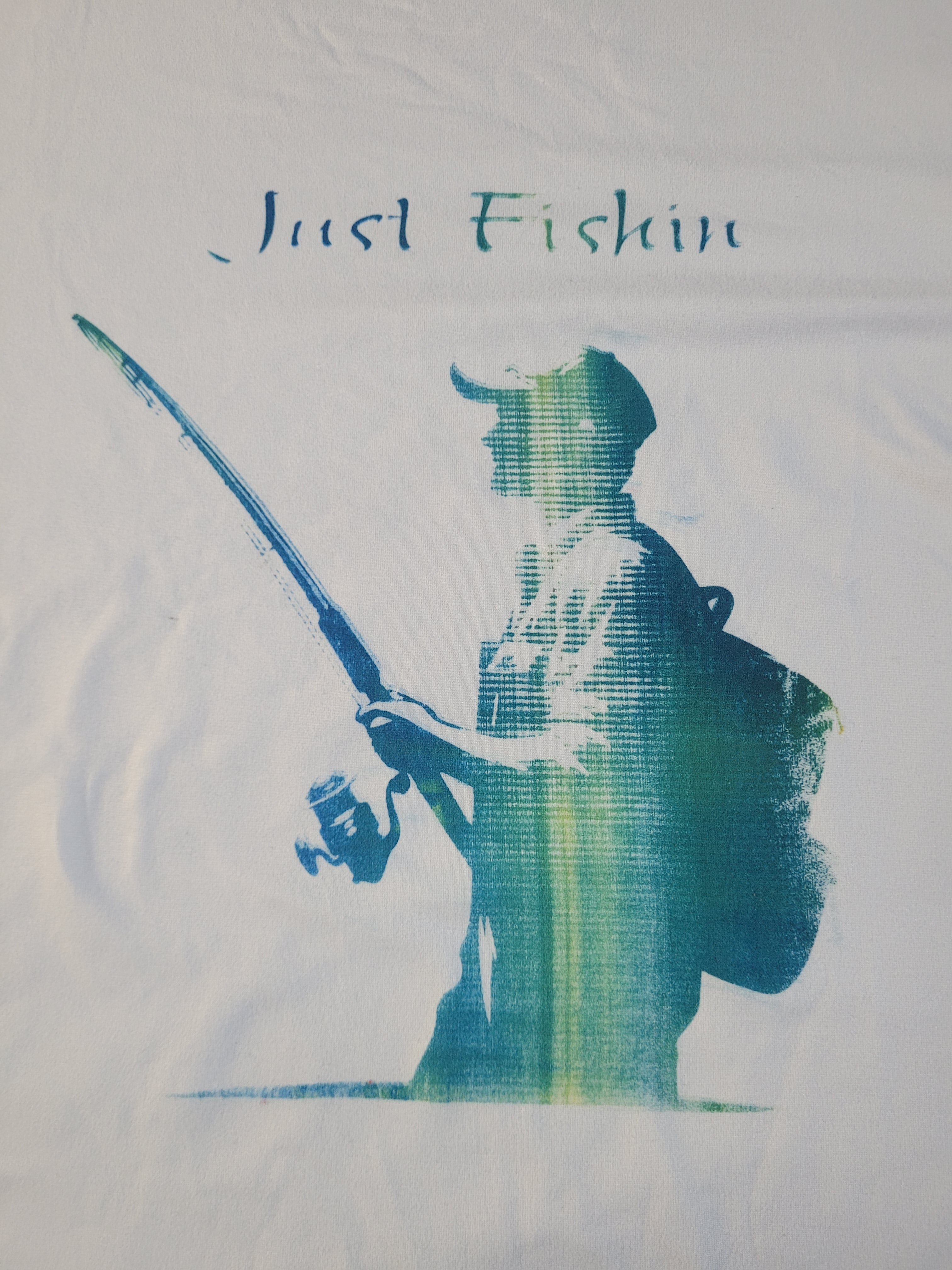 Mens Dry Fit T Shirt with "Just Fishin"  Fishermens Silhouette Screen Print