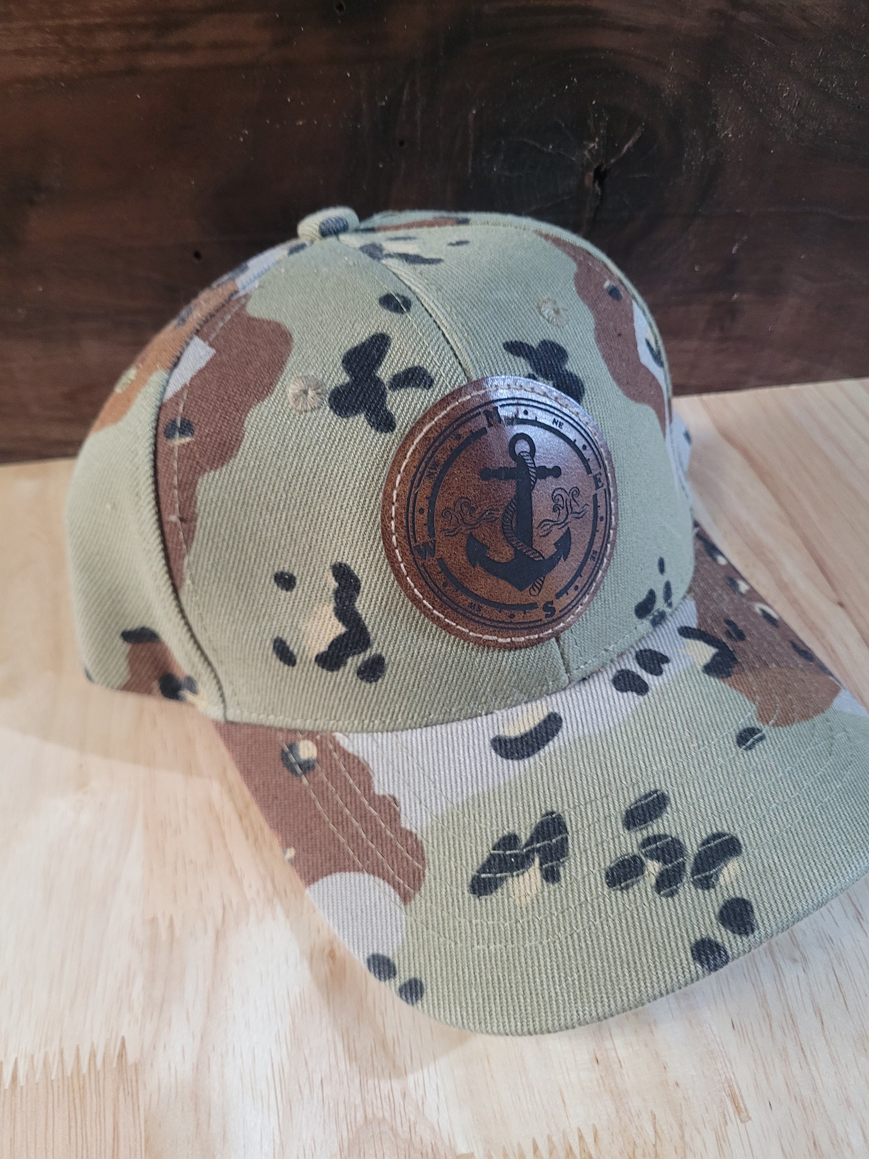 Desert Camo Ball Cap with a engraved patch marine anchor and compass