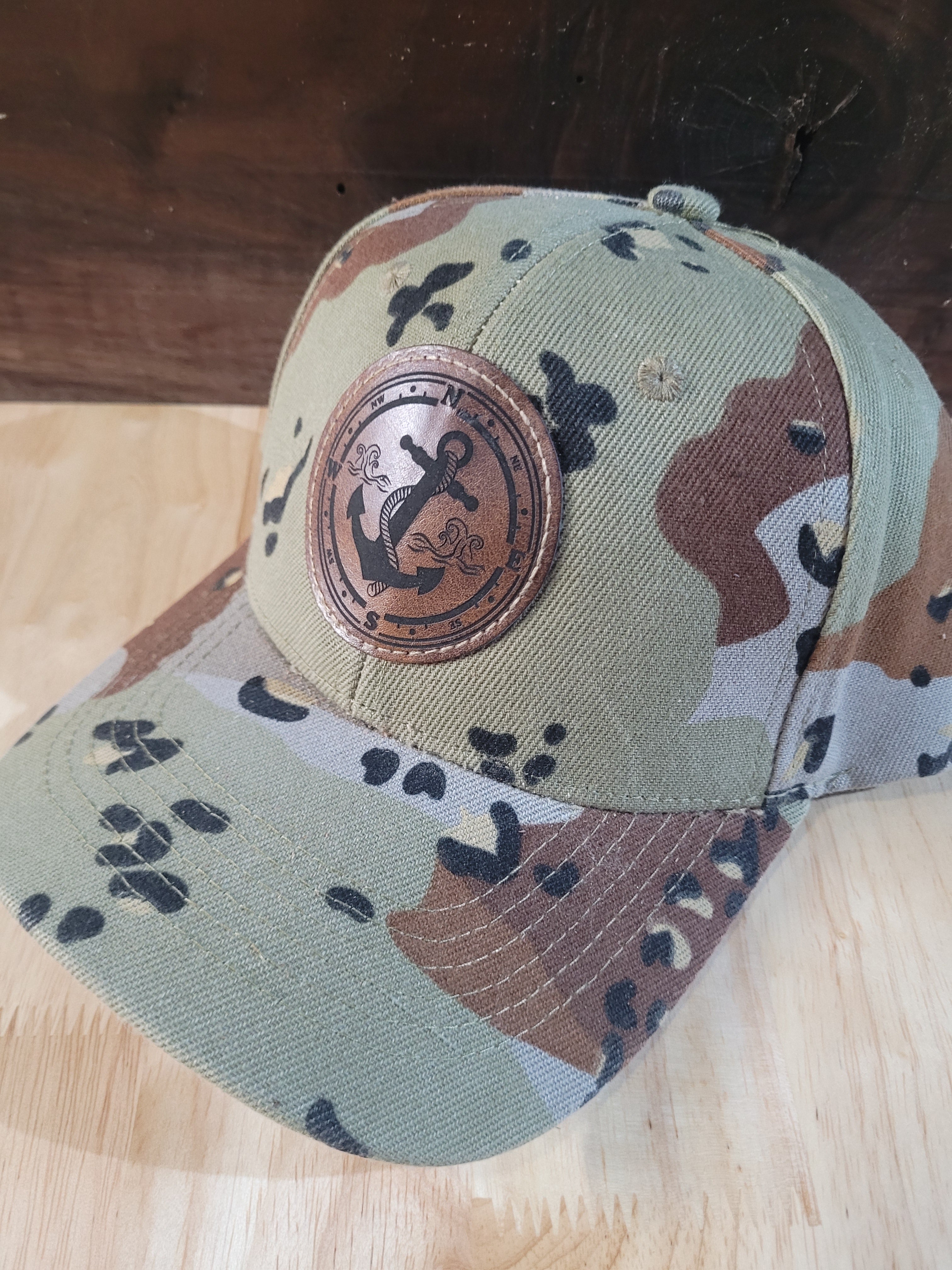 Desert Camo Ball Cap with a engraved patch marine anchor and compass
