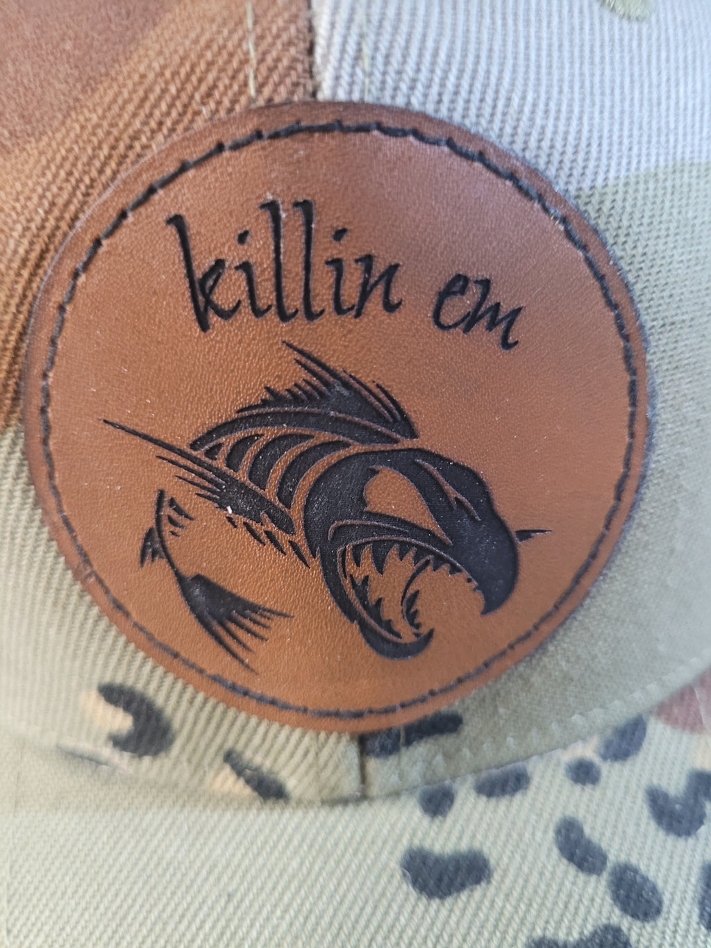 Desert Camo Ball Cap with fish skeleton "killin em" patch