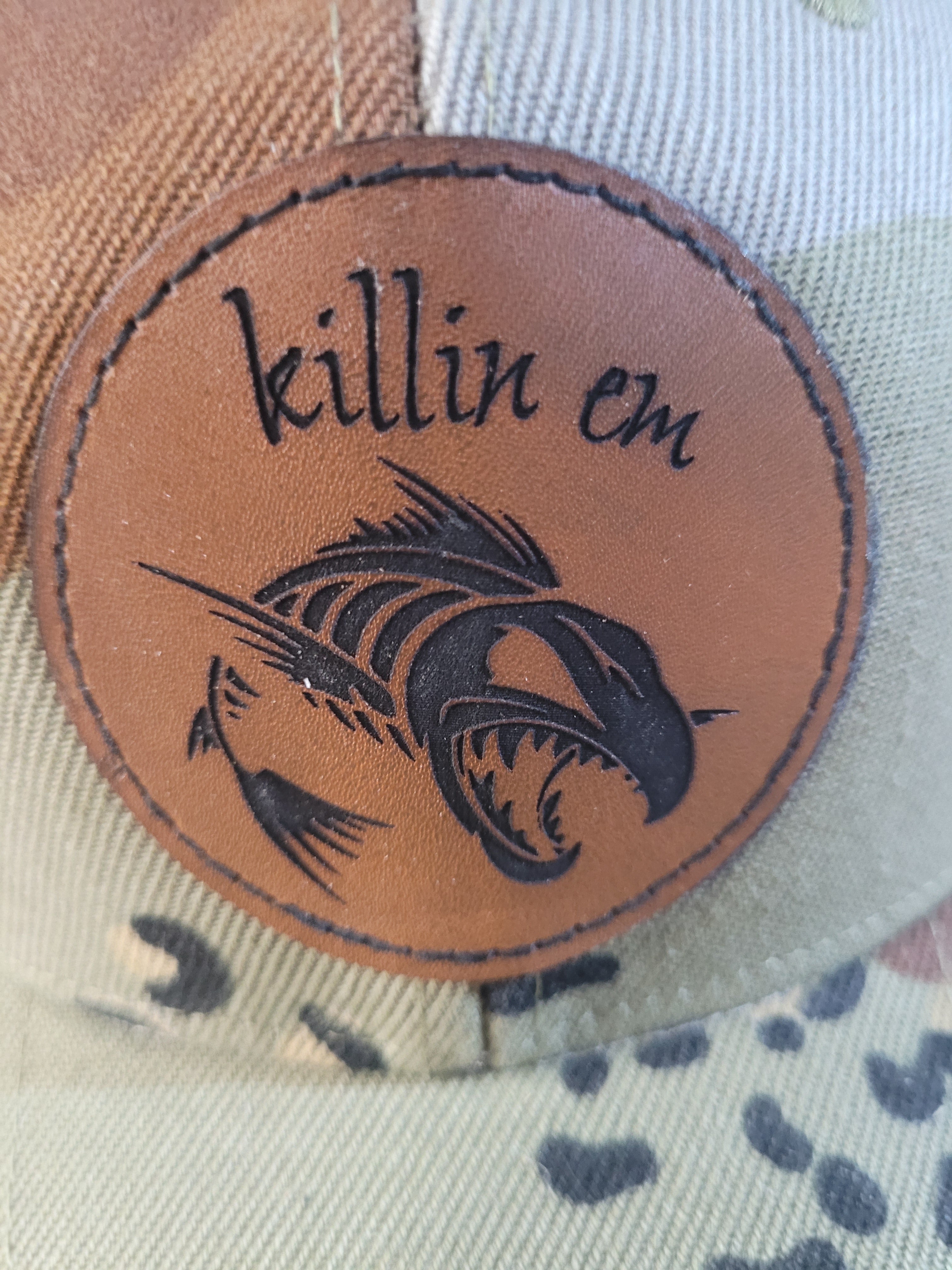 Desert Camo Ball Cap with fish skeleton "killin em" patch