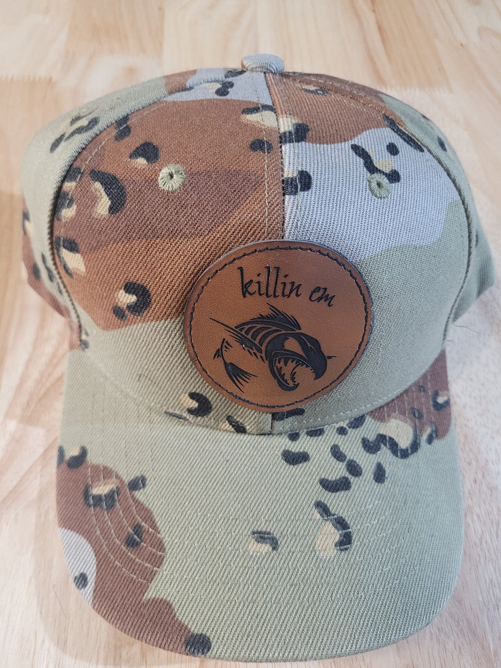 Desert Camo Ball Cap with fish skeleton "killin em" patch