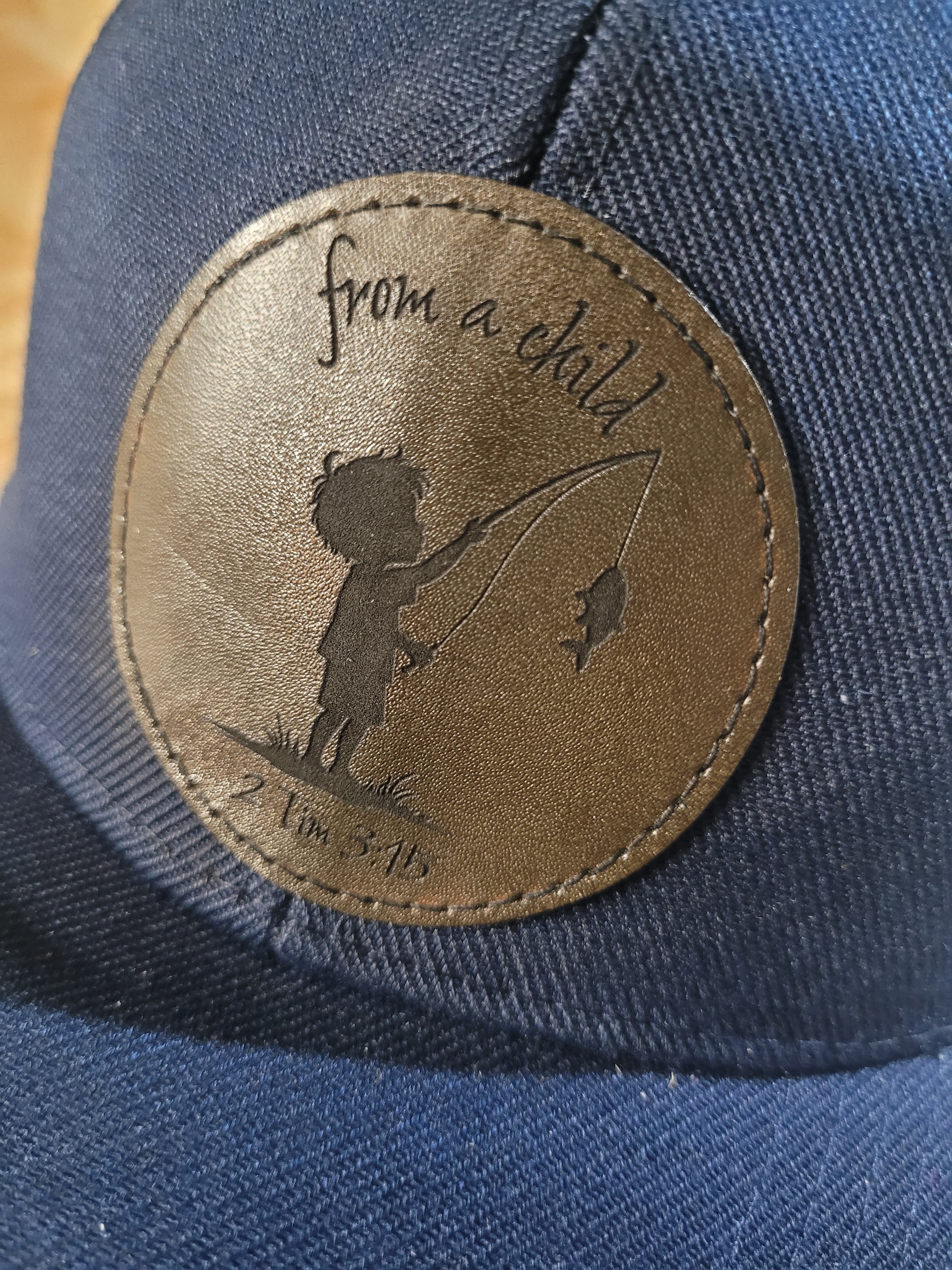 Blue Ball Cap with "from a child 2Tim 3:15" little boy fishing engraved patch