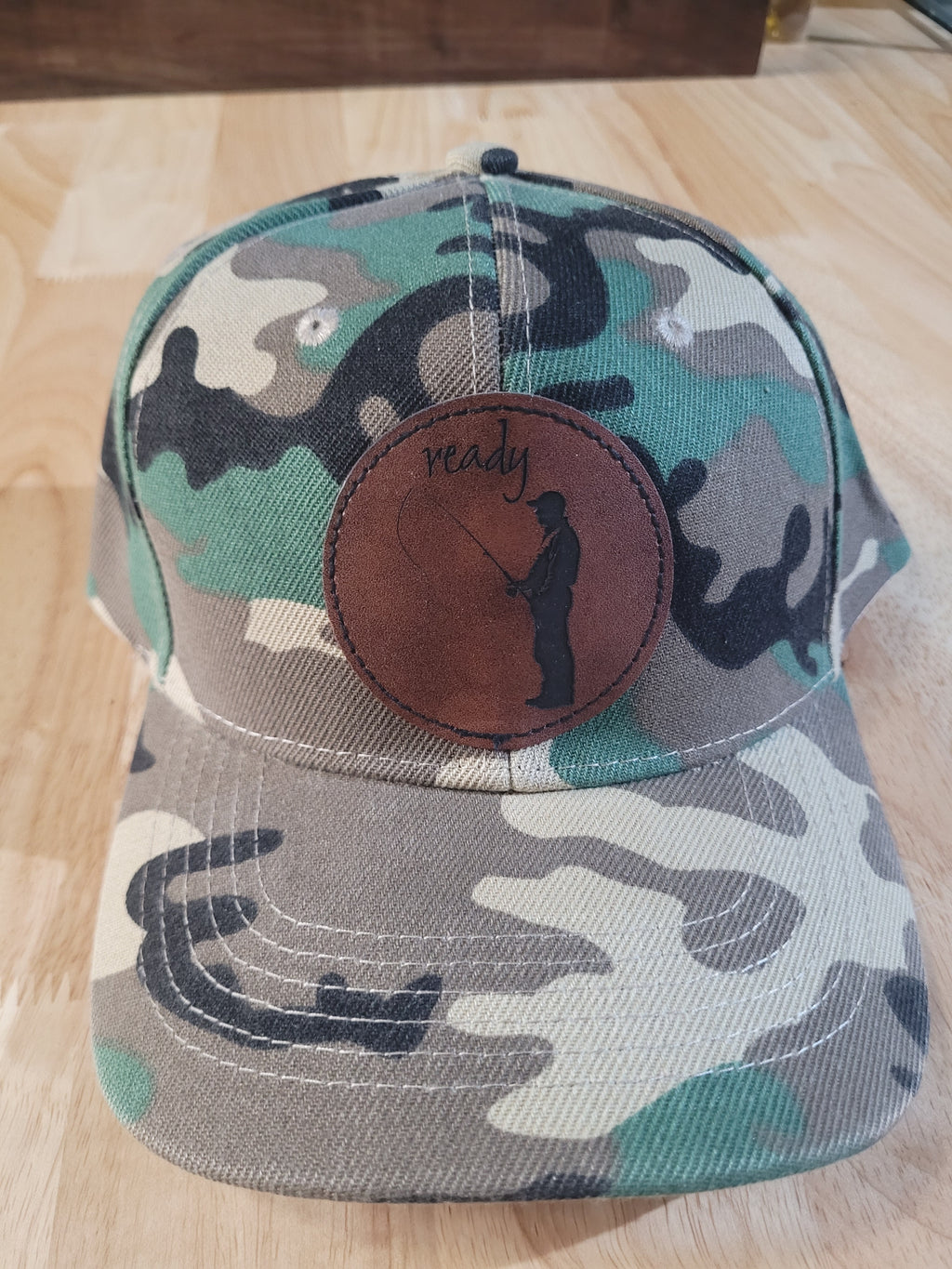 Camo Ball Cap with path of "Ready" fisherman silhouette
