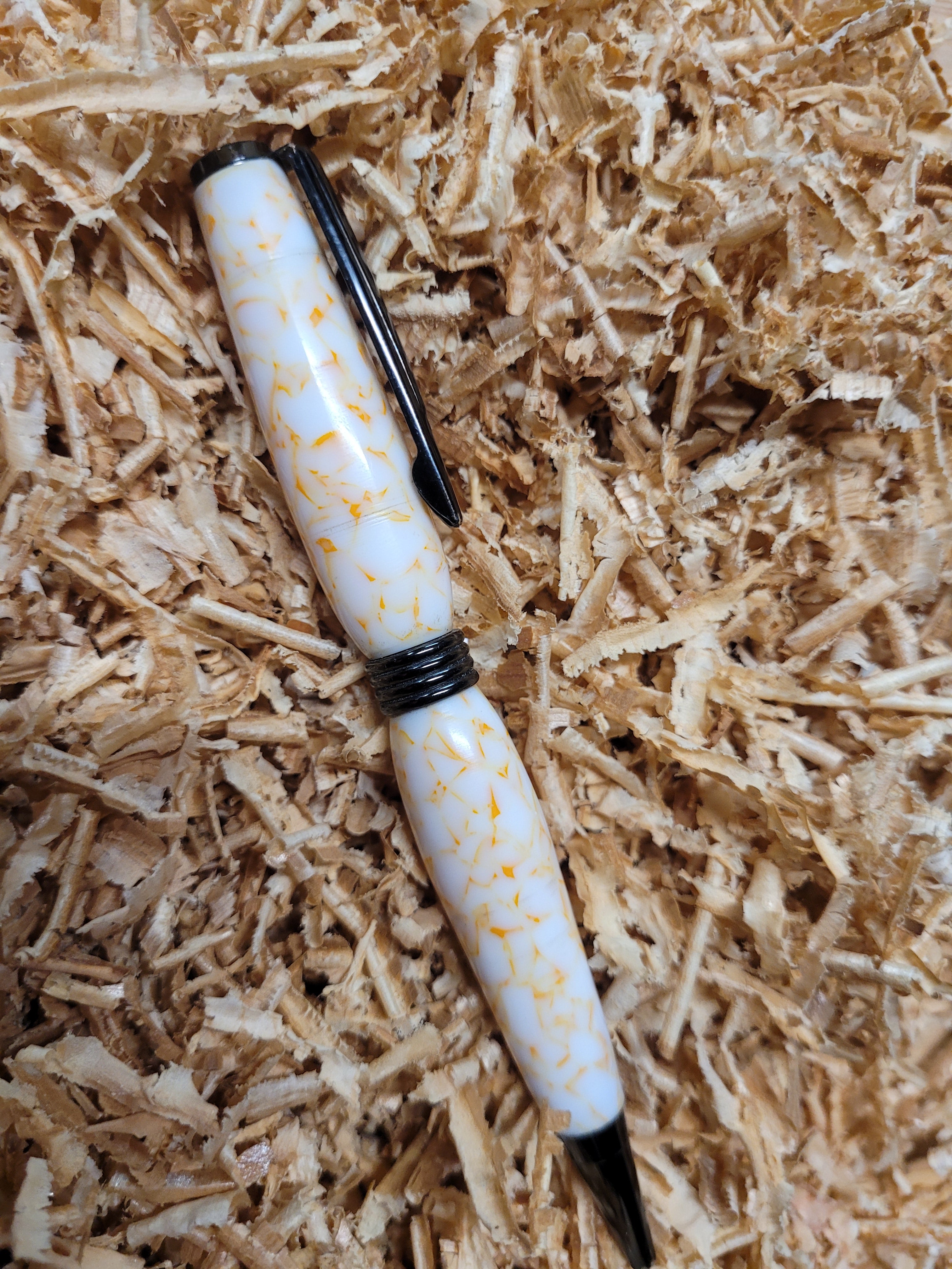 White and Shattered Orange Acrylic Slimline Twist Pen