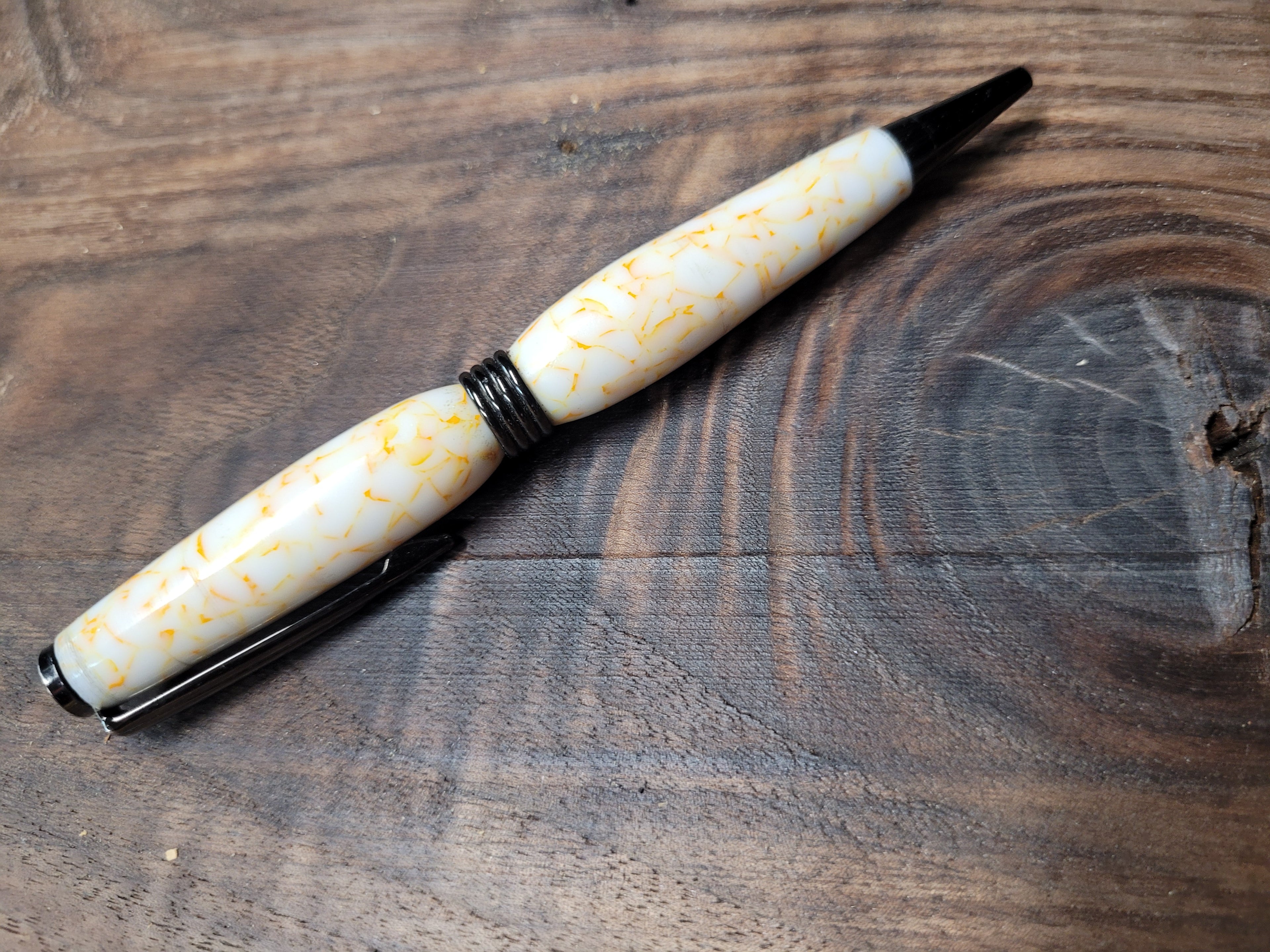 White and Shattered Orange Acrylic Slimline Twist Pen