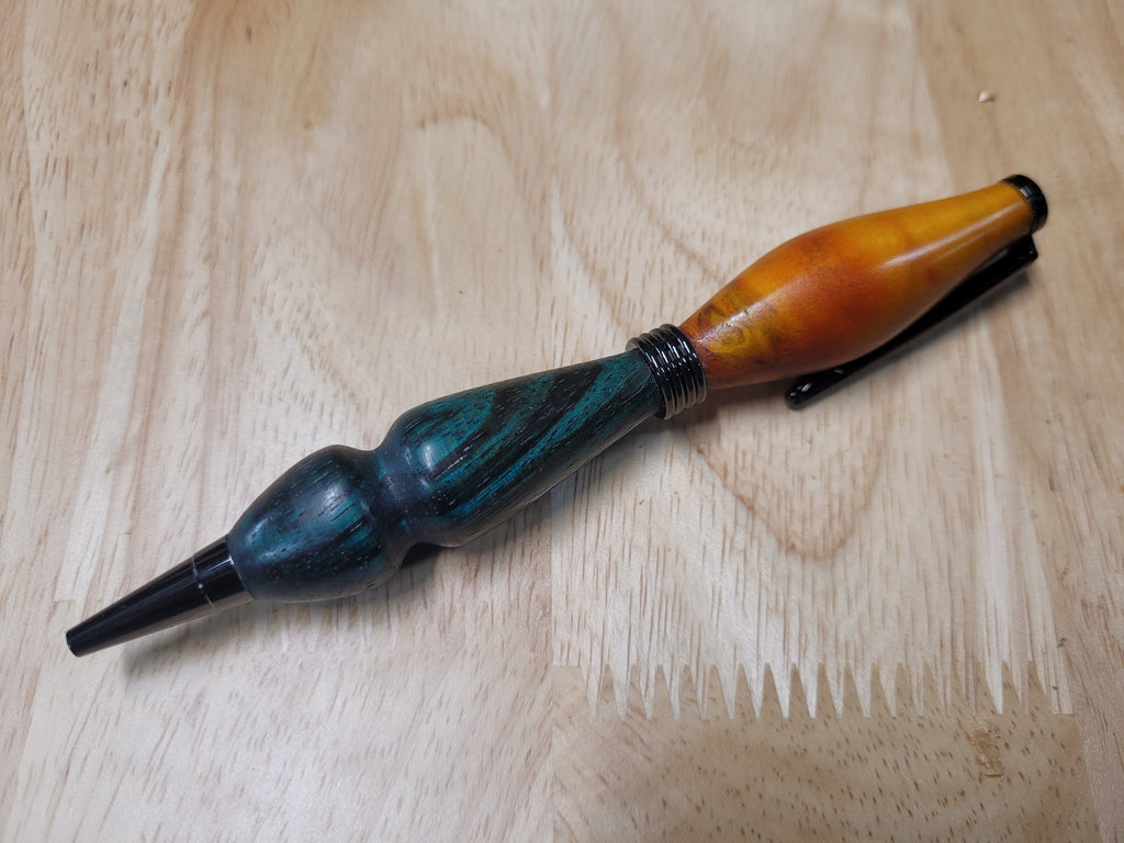 Twist Pen  made of Flame Box Elder dyed yellow and Zebrawood dyed bluish green