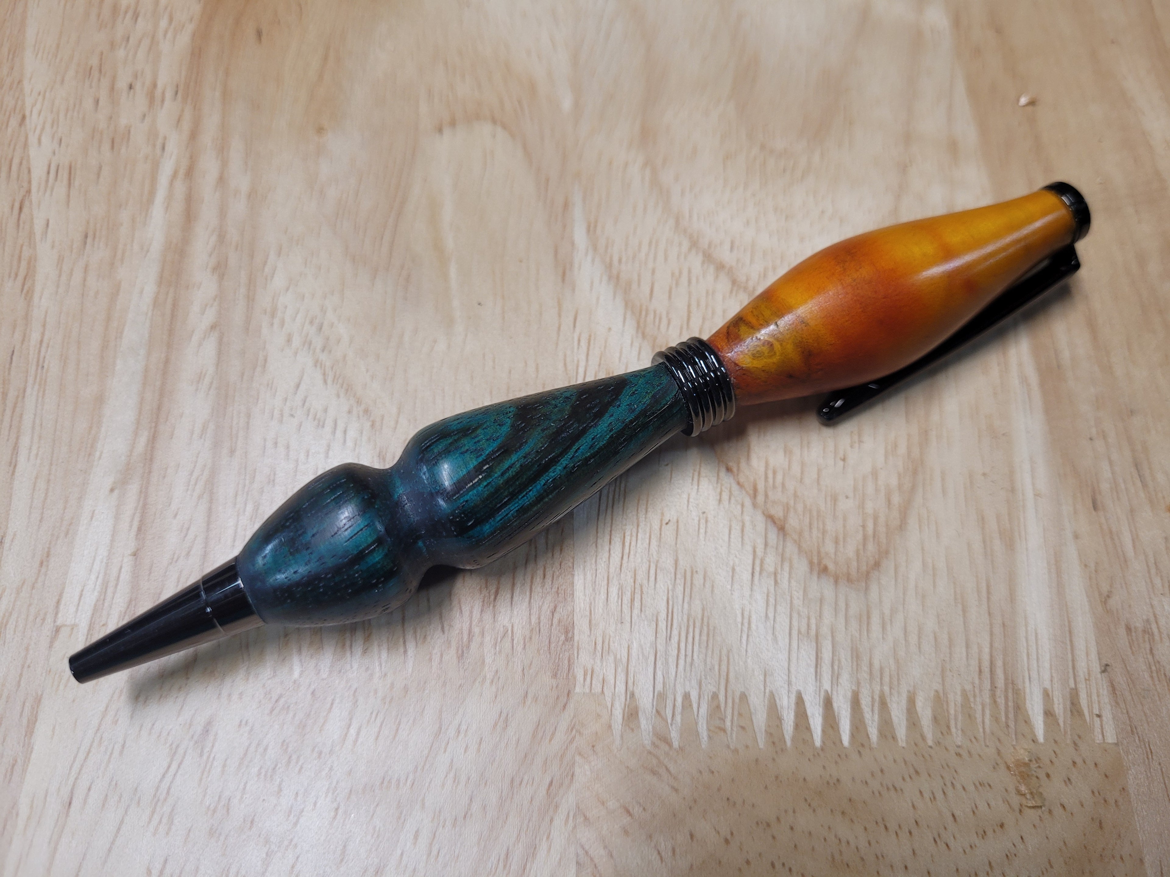 Twist Pen  made of Flame Box Elder dyed yellow and Zebrawood dyed bluish green