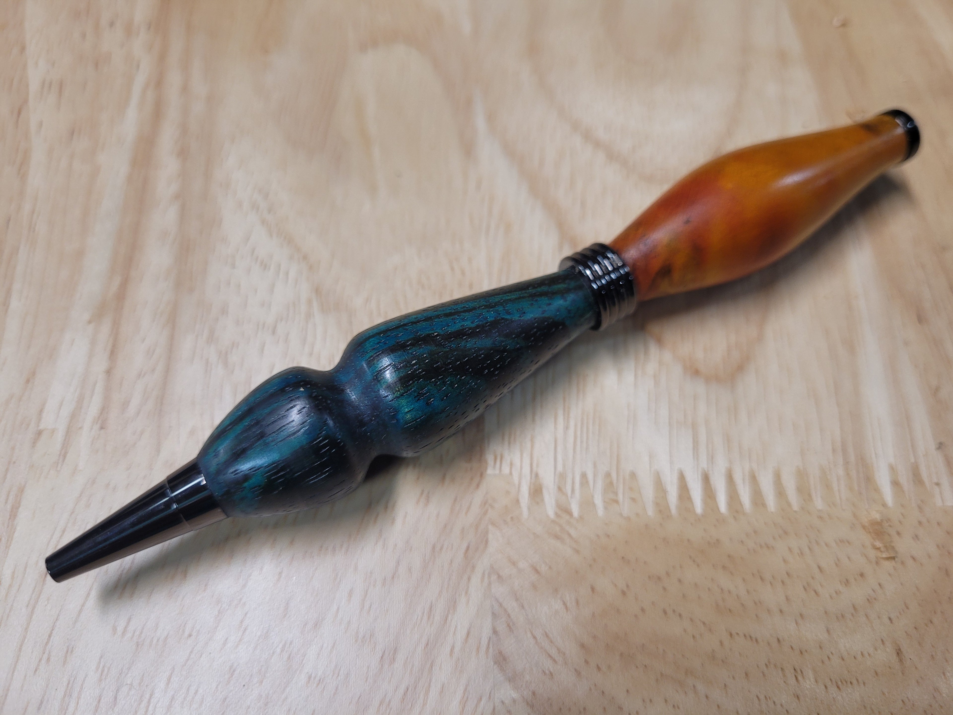 Twist Pen  made of Flame Box Elder dyed yellow and Zebrawood dyed bluish green
