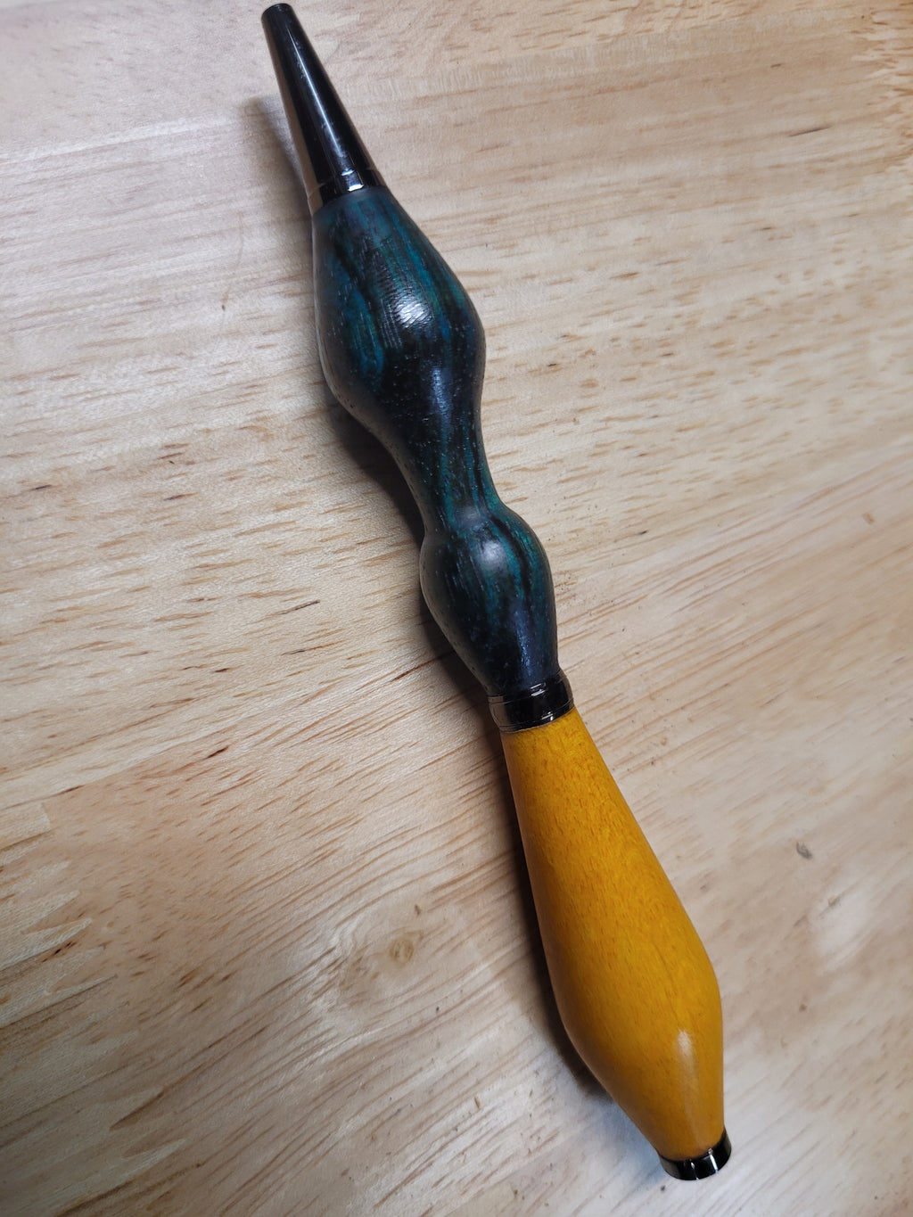 Twist Pen made of  Maple wood dyed Yellow top and Zebrawood dyed bluish green bottom