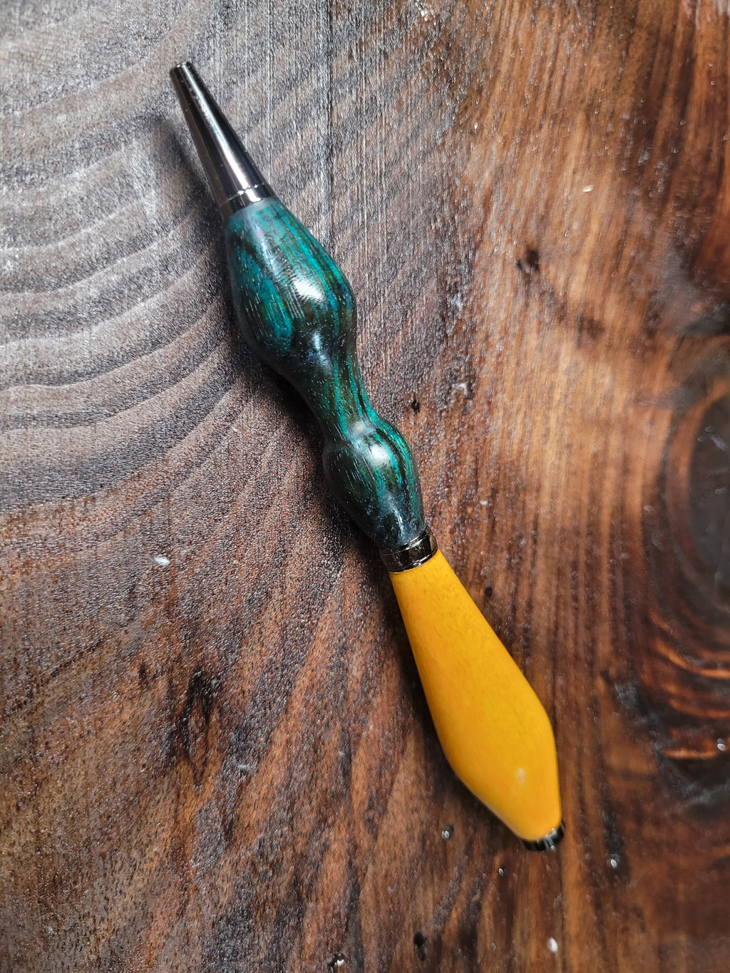 Twist Pen made of  Maple wood dyed Yellow top and Zebrawood dyed bluish green bottom