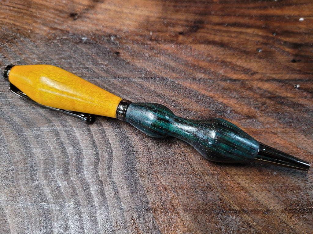 Twist Pen made of  Maple wood dyed Yellow top and Zebrawood dyed bluish green bottom