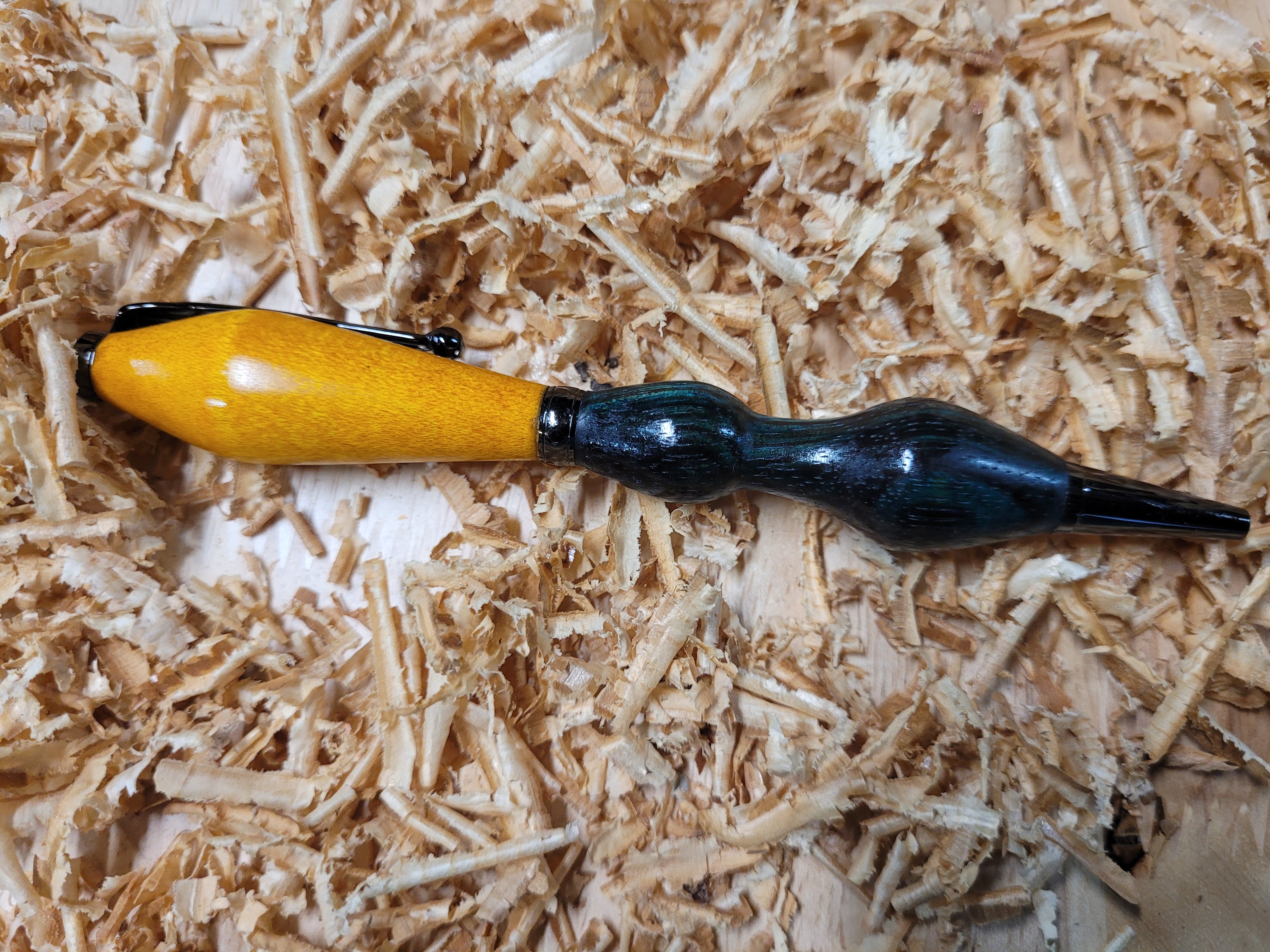 Twist Pen made of  Maple wood dyed Yellow top and Zebrawood dyed bluish green bottom