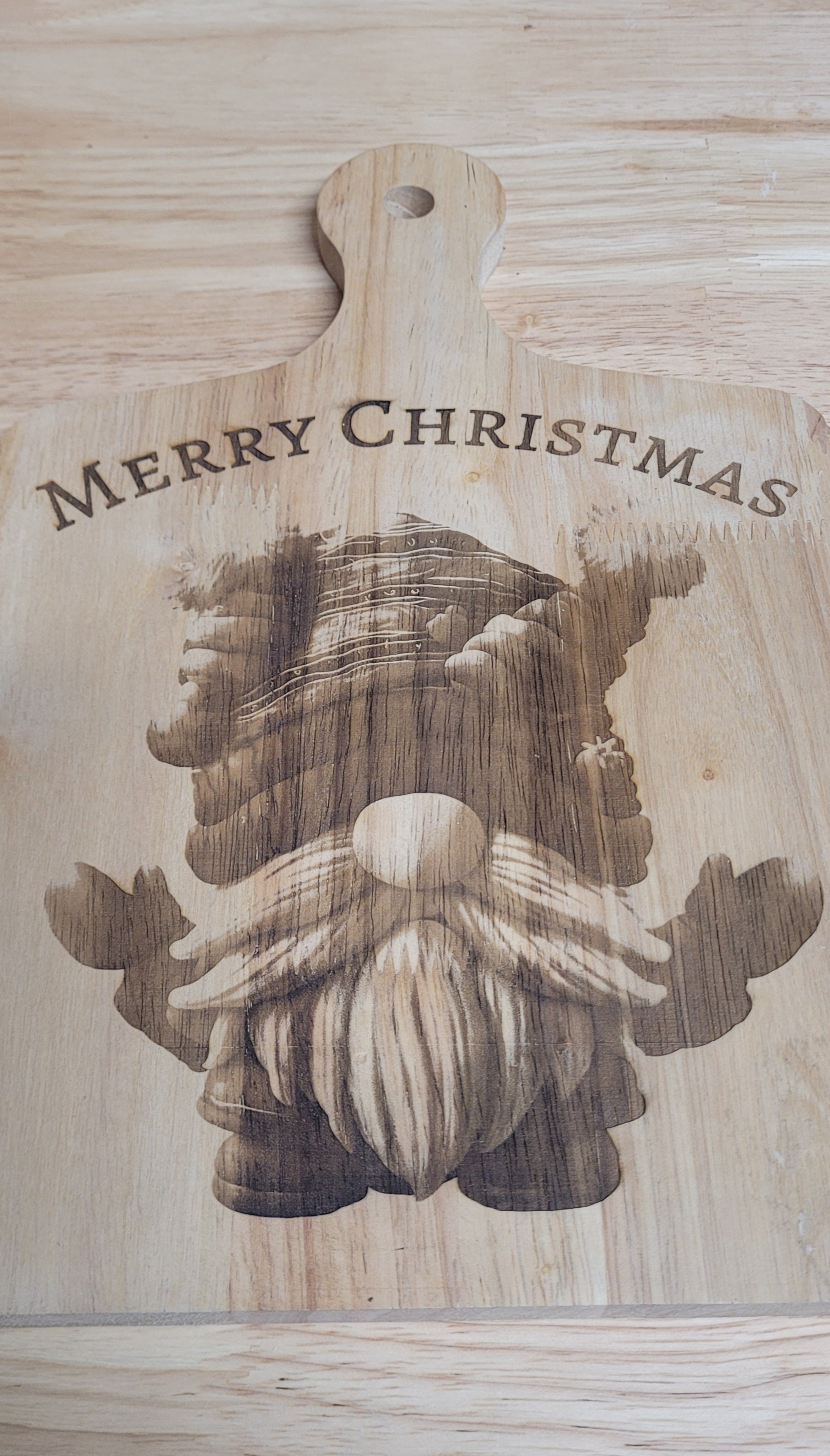 "Merry Christmas" with Engraved Gnome Charcuterie Board Approximately 12"L x 8"W