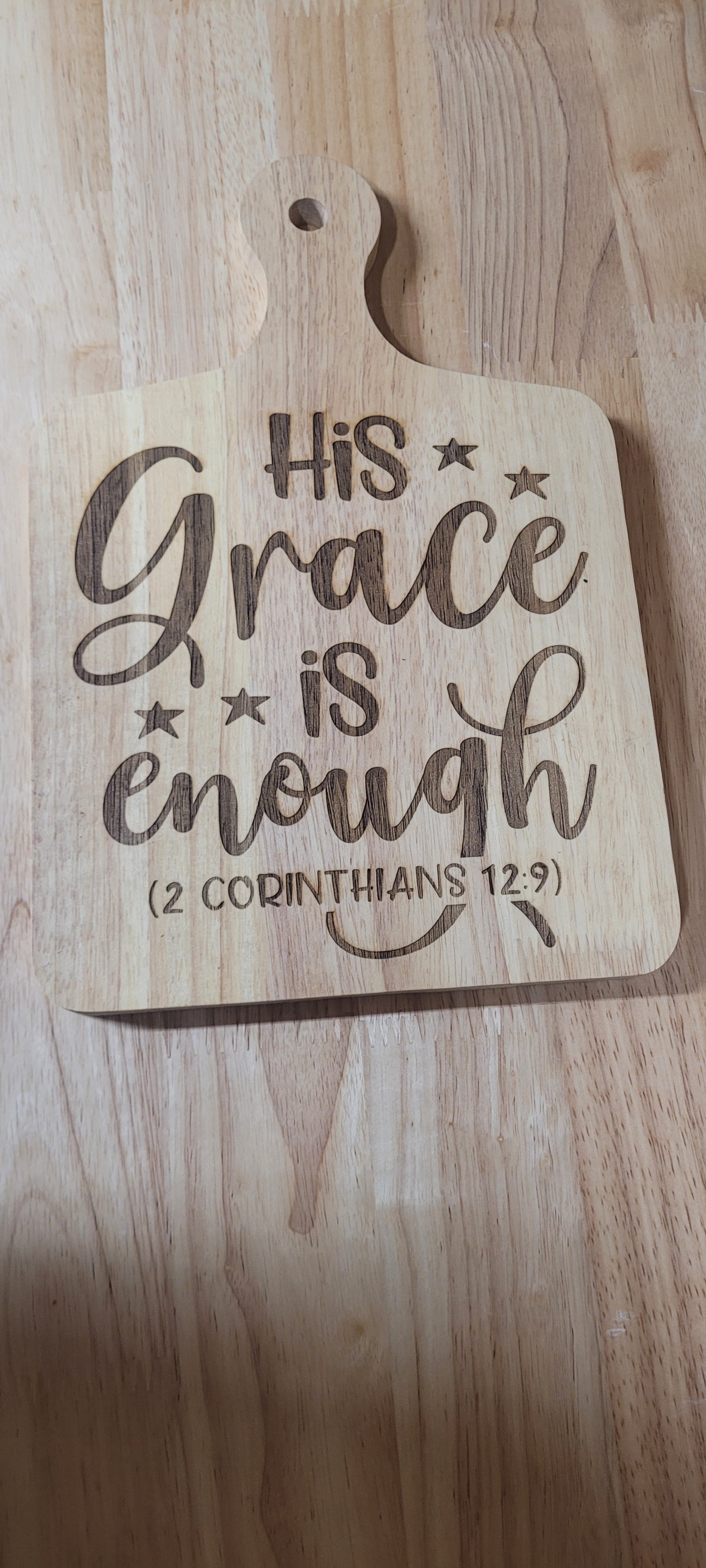 Wooden Charcuterie Board with engraved "His Grace is Enough" 2 Corinthians 12:9 Approximately 12"L x 8"W