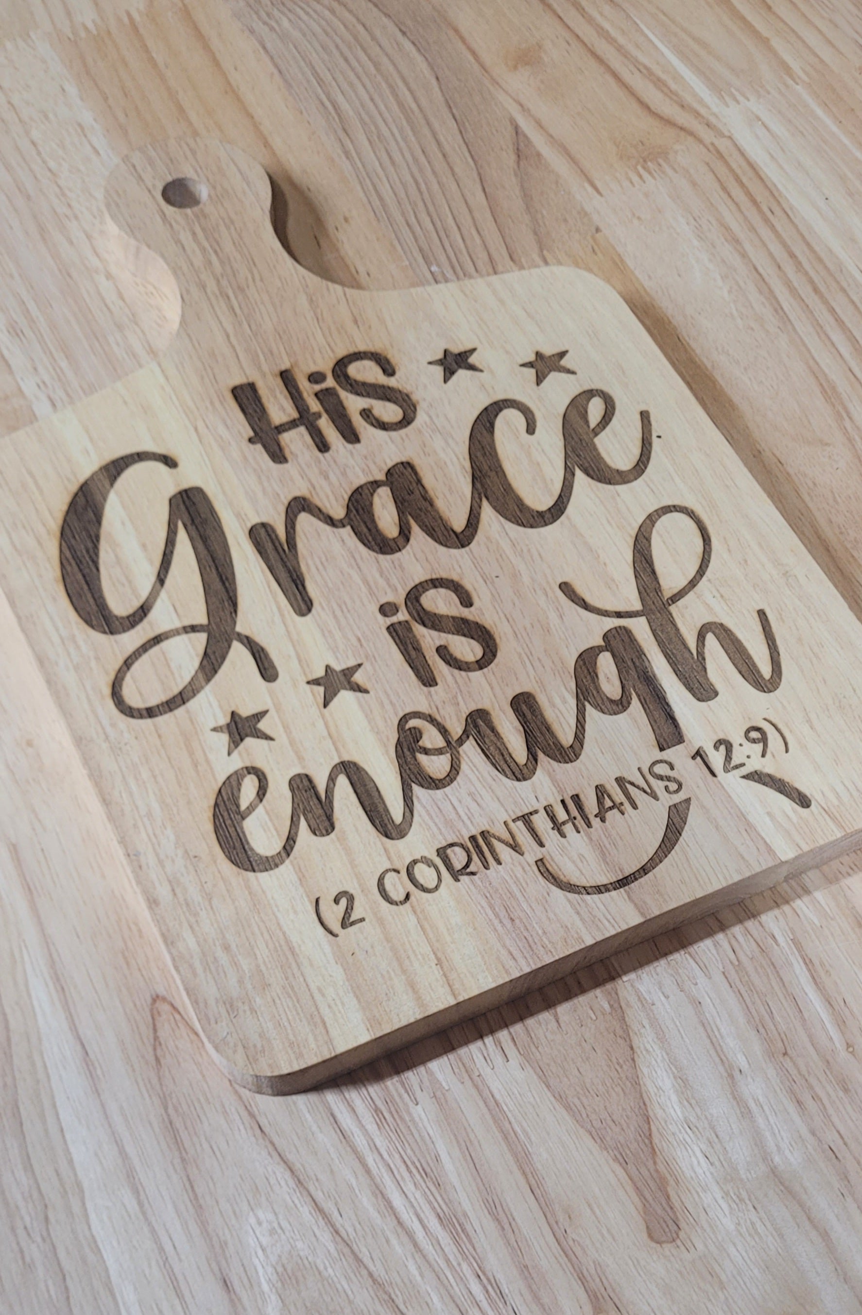 Wooden Charcuterie Board with engraved "His Grace is Enough" 2 Corinthians 12:9 Approximately 12"L x 8"W