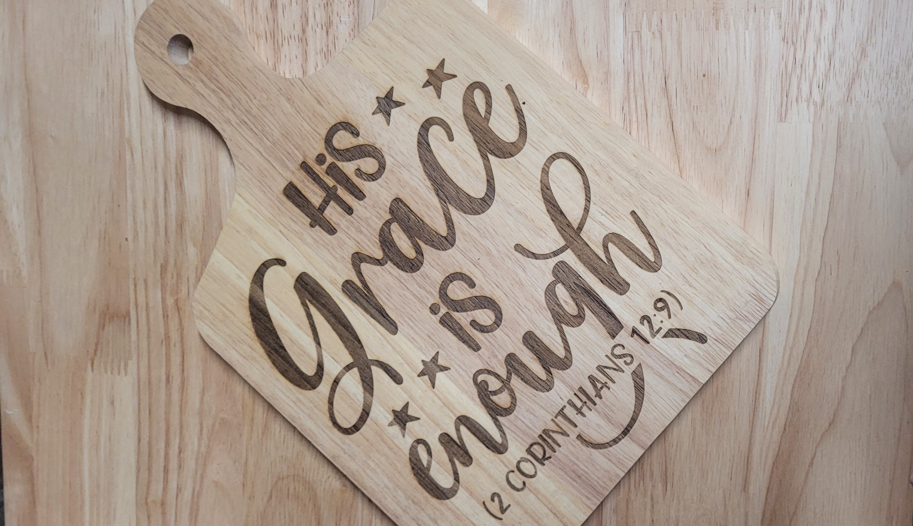 Wooden Charcuterie Board with engraved "His Grace is Enough" 2 Corinthians 12:9 Approximately 12"L x 8"W