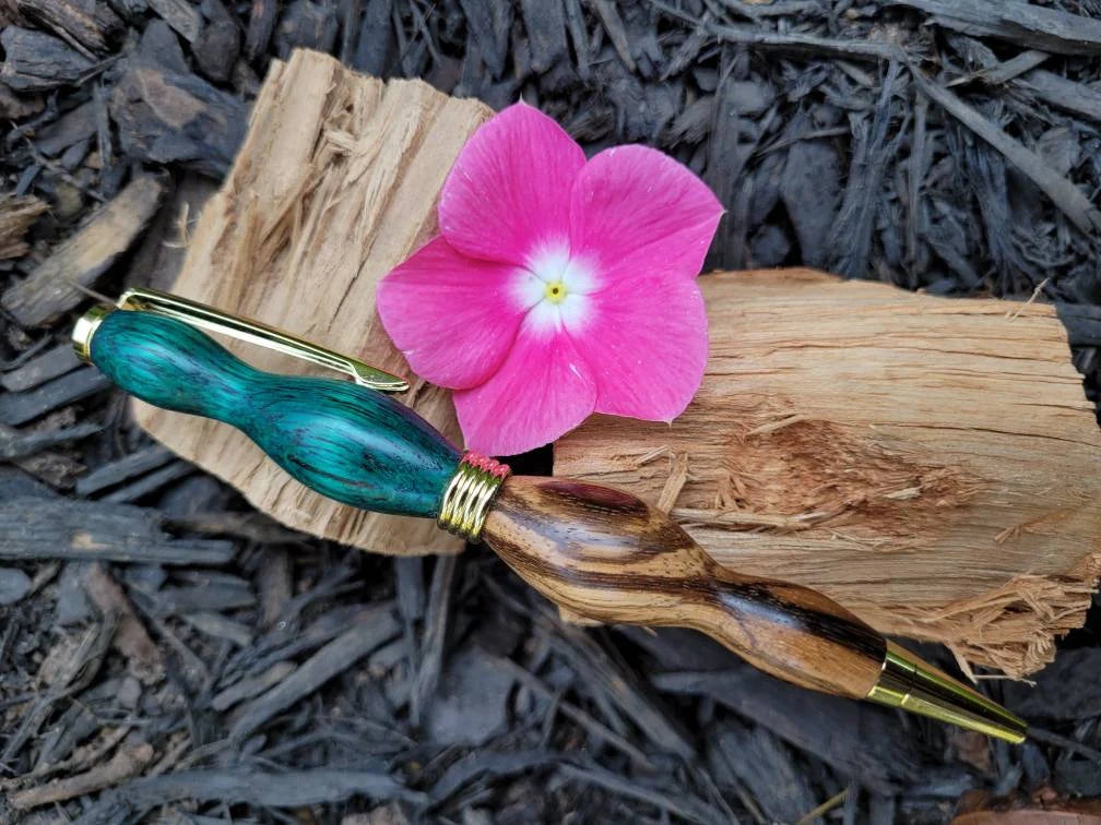Natural Zebrawood and Ebiara Wood Twist Pen Dyed Green