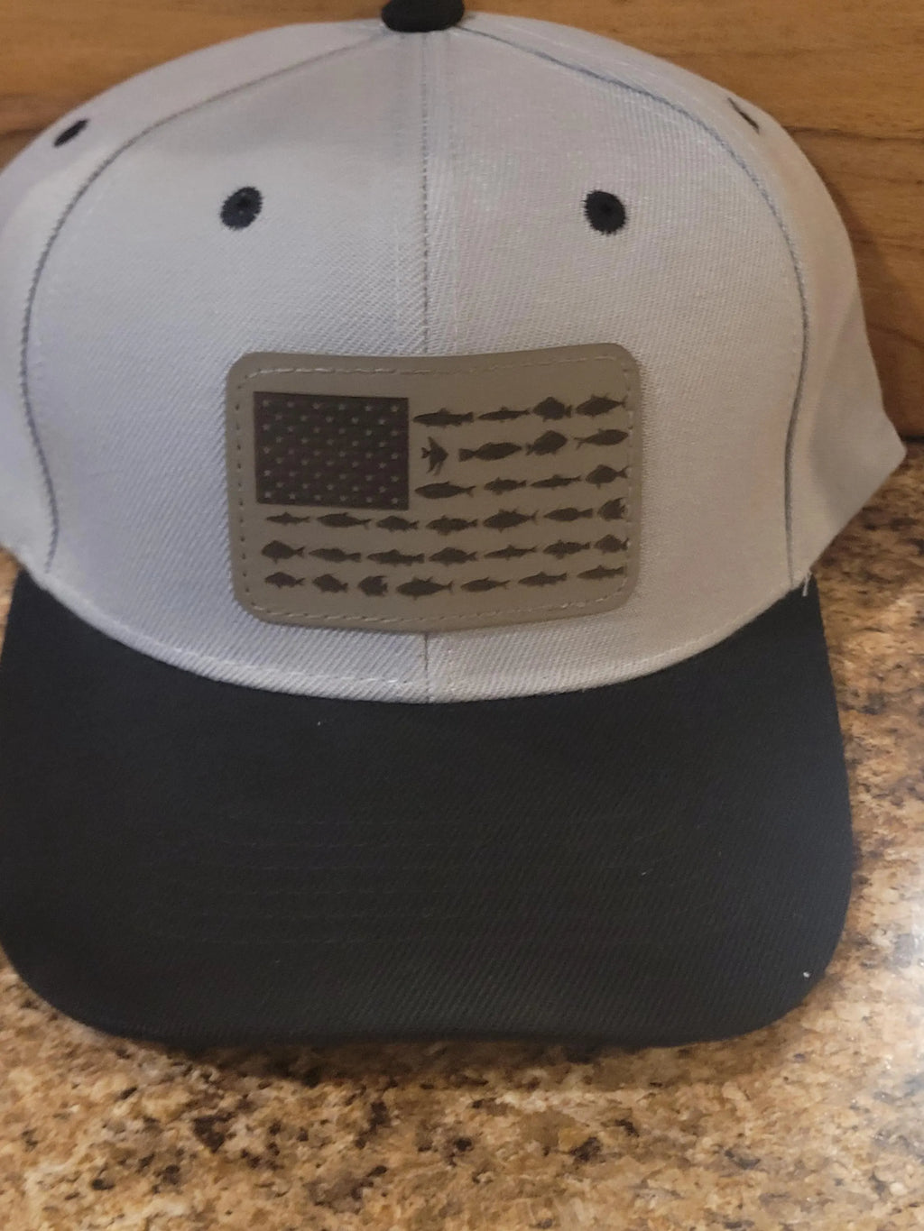 US Saltwater Fishing Flag Ball Cap, Gray with Black bill.